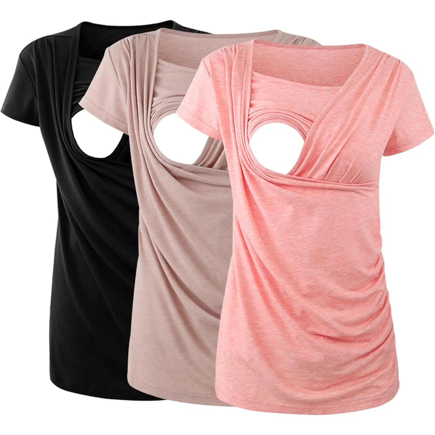 3 Pieces Women's Nursing Tops Short Sleeve Side Pleated Maternity Blouse Breastfeeding Shirts for Nursing Moms