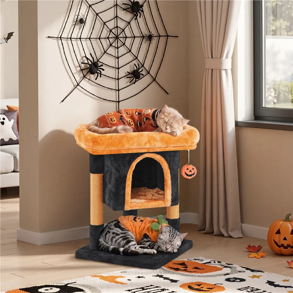 【Spooky Season Style】Costoffs 23.5/54″H Black & Pumpkin Orange Cat Tree Condo, Two-Level Kitten Tower with Wide Perch, Scratching Posts & Cozy Cat House, Compact Indoor Cat Furniture for Small Spaces