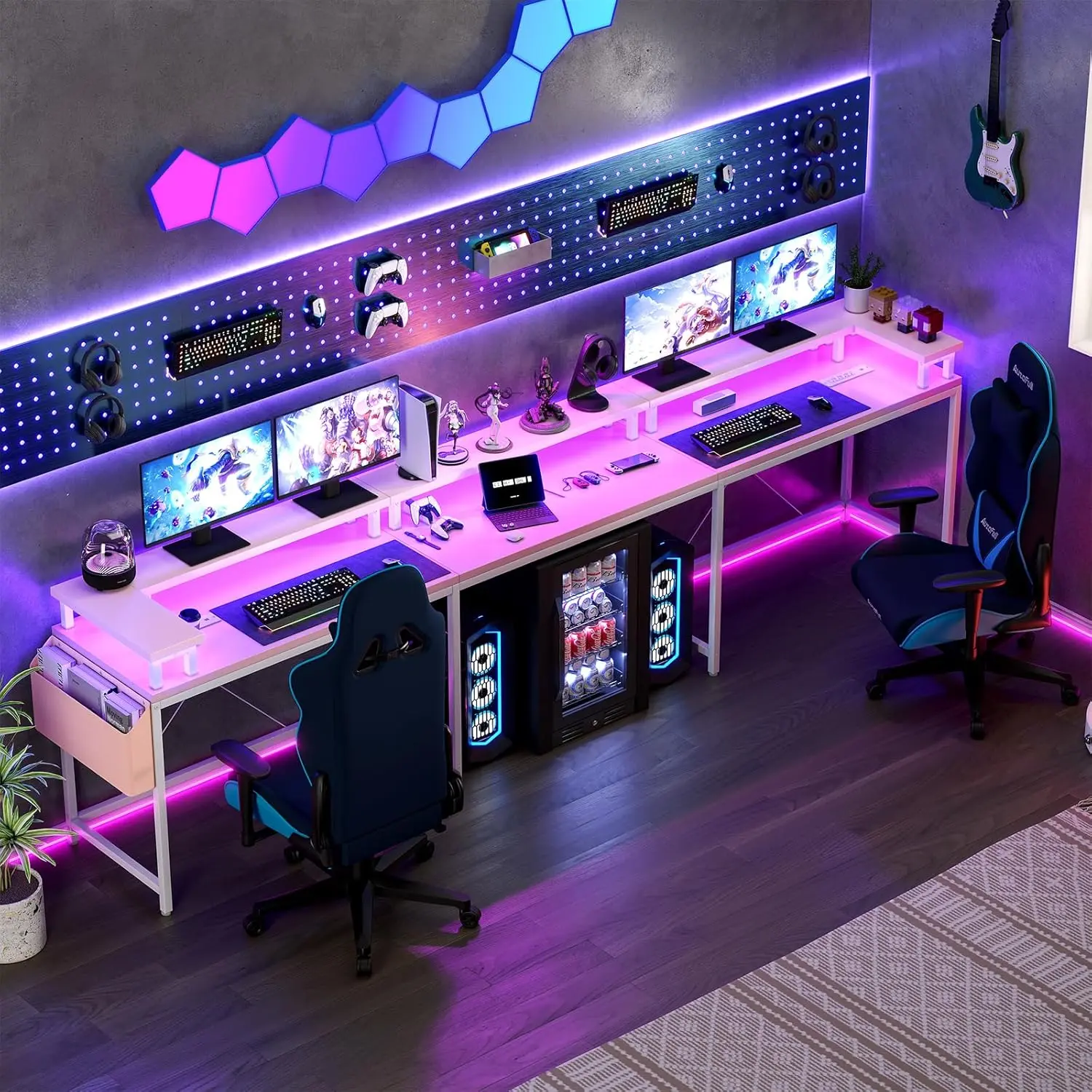 126-Inch U-Shaped Gaming Desk, Reversible L-Shape Home Office Workstation with Dynamic RGB LED Lighting, Built-In Power Outlets, USB Ports, Full Monitor Stand, Storage Shelves, Hooks, Storage Bag, Durable Pink Office Furniture, Gaming Desks, Rgb Lights, D