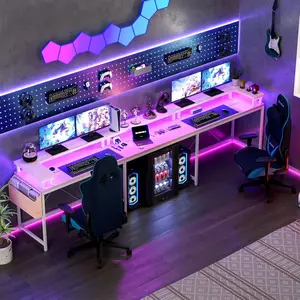 126-Inch U-Shaped Gaming Desk, Reversible L-Shape Home Office Workstation with Dynamic RGB LED Lighting, Built-In Power Outlets, USB Ports, Full Monitor Stand, Storage Shelves, Hooks, Storage Bag, Durable Pink Office Furniture, Gaming Desks