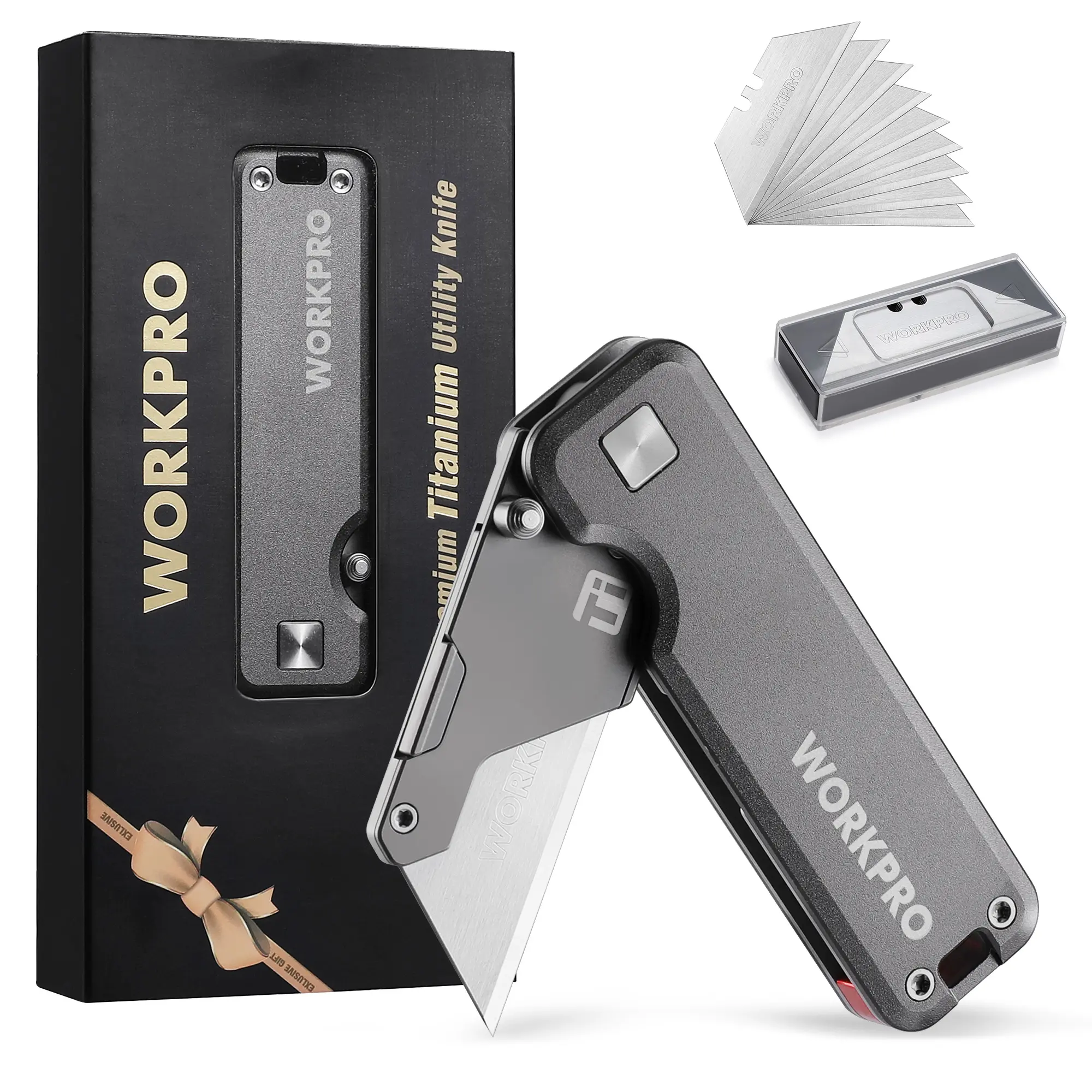 #summersale WORKPRO Premium Titanium Utility Knife, CNC Unibody, Lightweight Folding Box Cutter, Quick Change Blade Razor Knife,Ideal Gifts for Men Women, with 10 Extra Blades