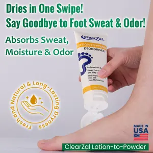 ClearZal Lotion-to-Powder Deodoriser 3.4oz - Absorbs Sweat Odor & Prevents Blisters for Hyperhidrosis Feet Made in USA