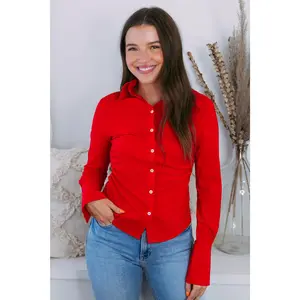 Slim Fit Shirred Button Front Top - Red