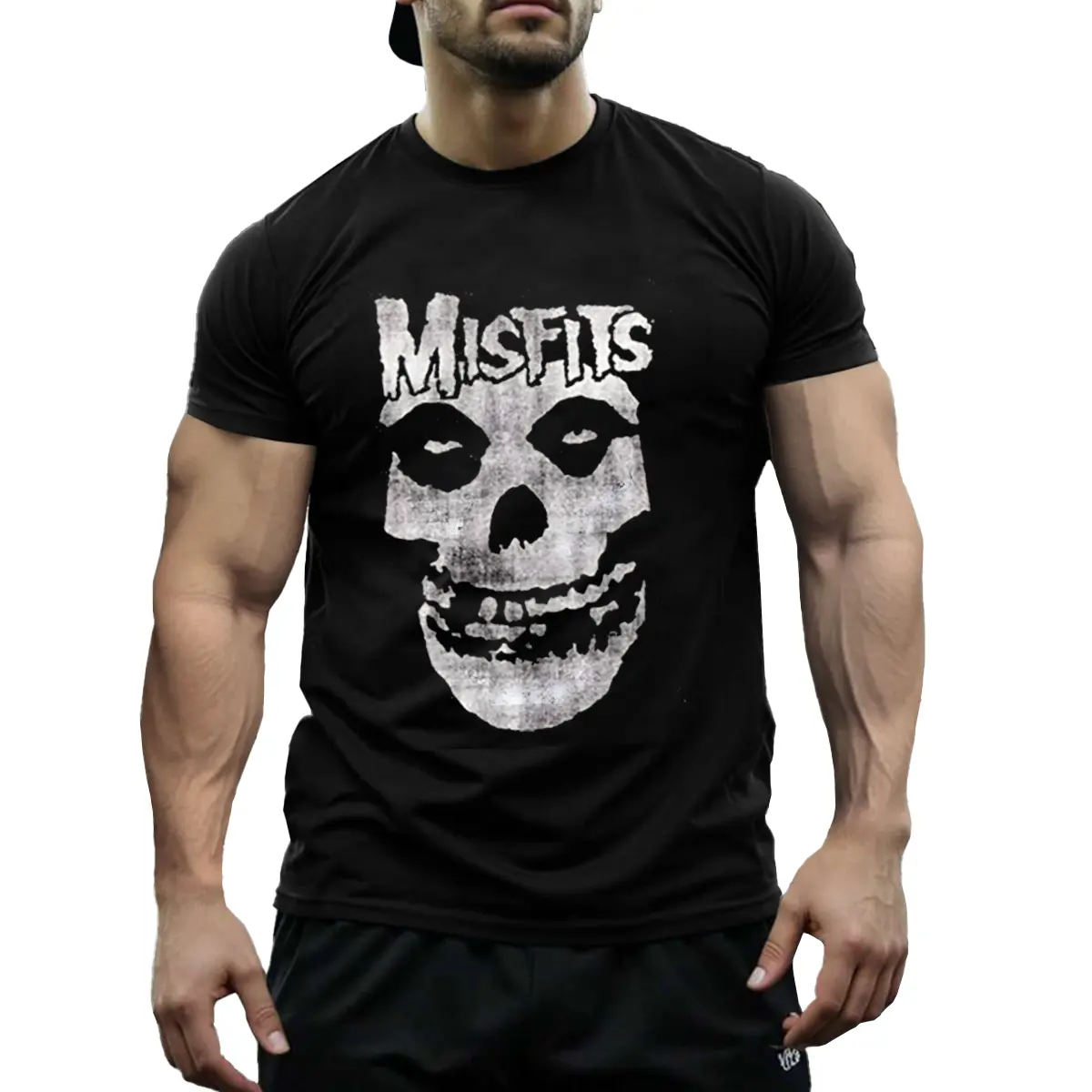 Men's Vintage Misfits Skull Graphic T-Shirt - 100% Cotton, Distressed Black Casual Tee with Bold White Print, Round Neck, Machine Washable, Washed Quality for Comfort