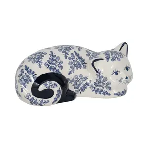 Blue and White Porcelain Lying Down Cat Figurine 9"