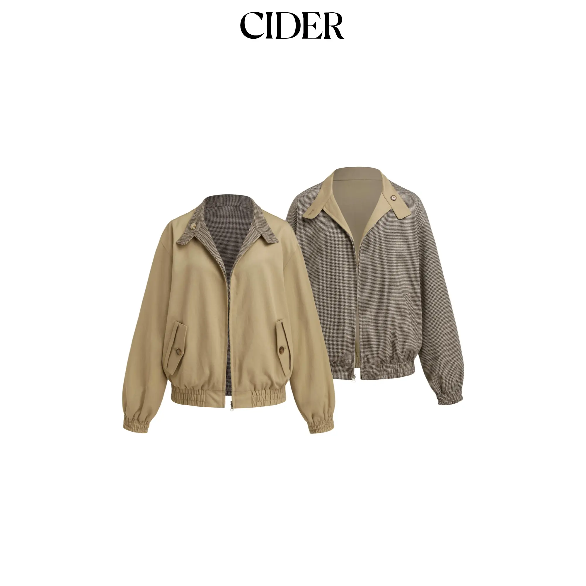 Cider Reversible Cotton-blend Stand Collar Houndstooth Oversized Bomber Jacket