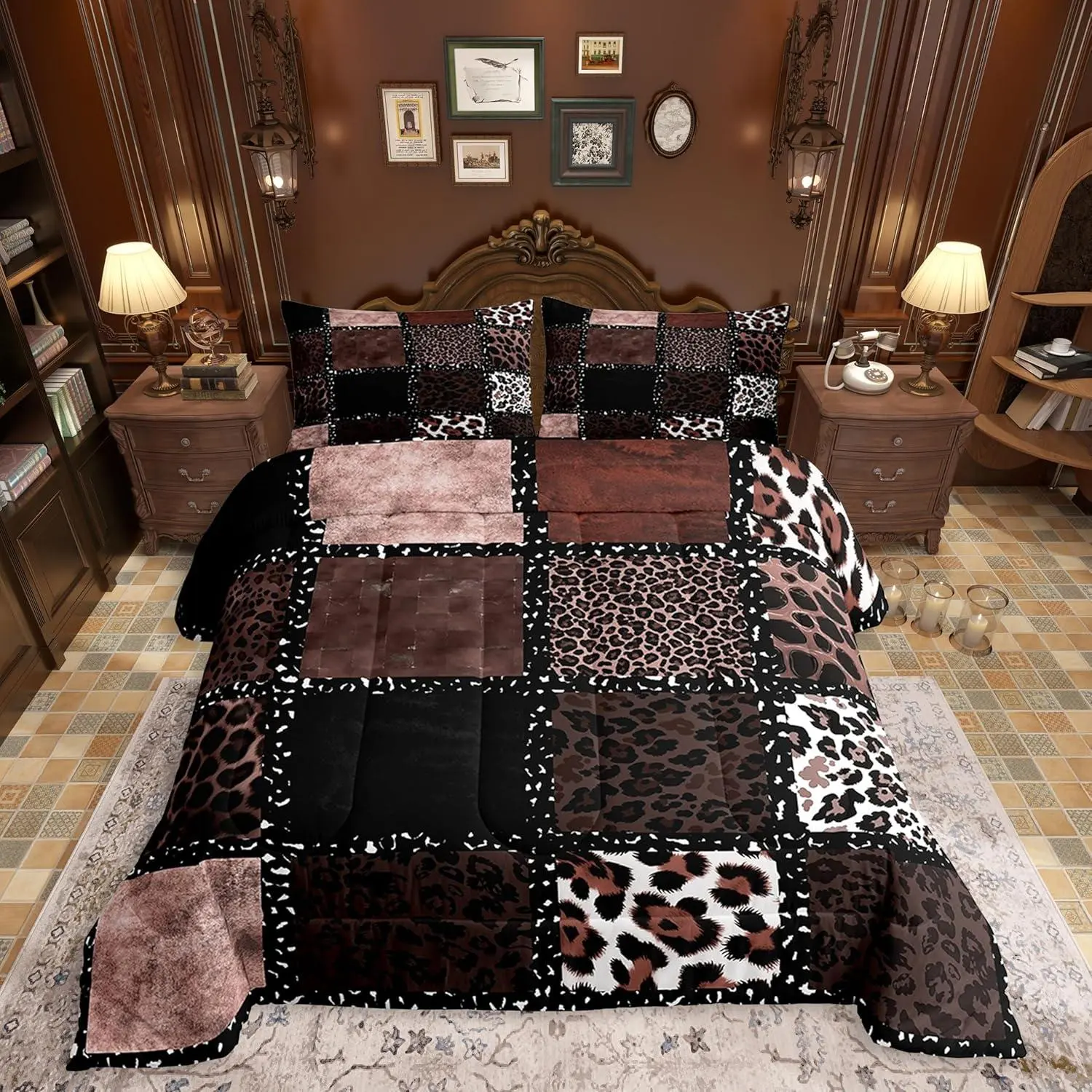 Brown Leopard Print Comforter Set for Kids Boys Girls,Animal Skin Texture Bedding Set,Patchwork Geometric Duvet Insert,Farmhouse Bed Set for All Season