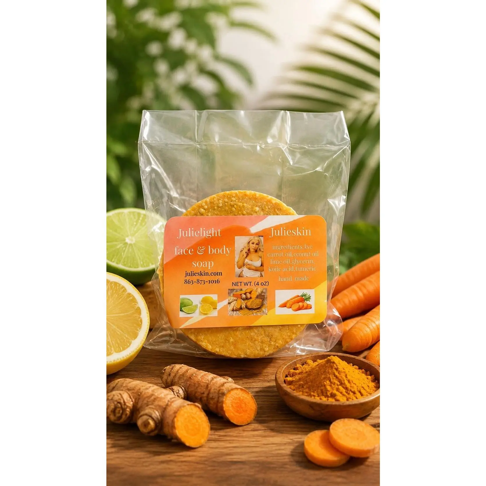Julieskin Face & Body Soap with Citrus & Tumeric carrot brightening ( grimel) ingredients 4 oz