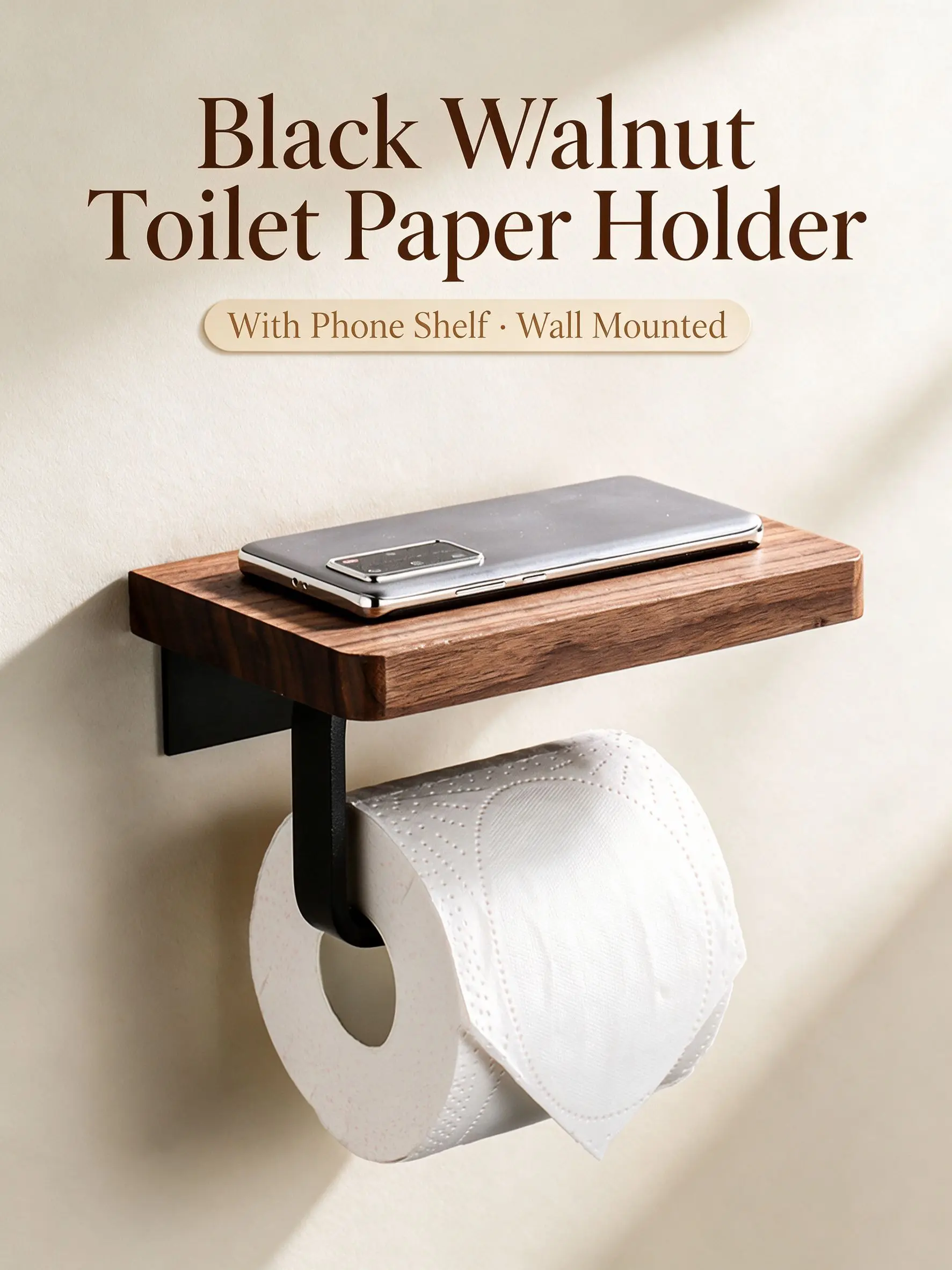 Nordic Style Wall-Mount Toilet Rack - No Drilling Required, Walnut Wood & Matte Black Iron, Model C Black, Bathroom Accessory with Shelf, Space Saver Tissue Holder