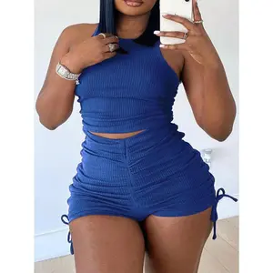 Plus Size Solid Color Ruched Tank Top And Side Drawstring Shorts 2pcs Set Clothes Sleeve