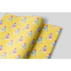 Set of 3 Yellow Christmas Sled Wrapping Paper Sheets, 20x29 in, Made in USA