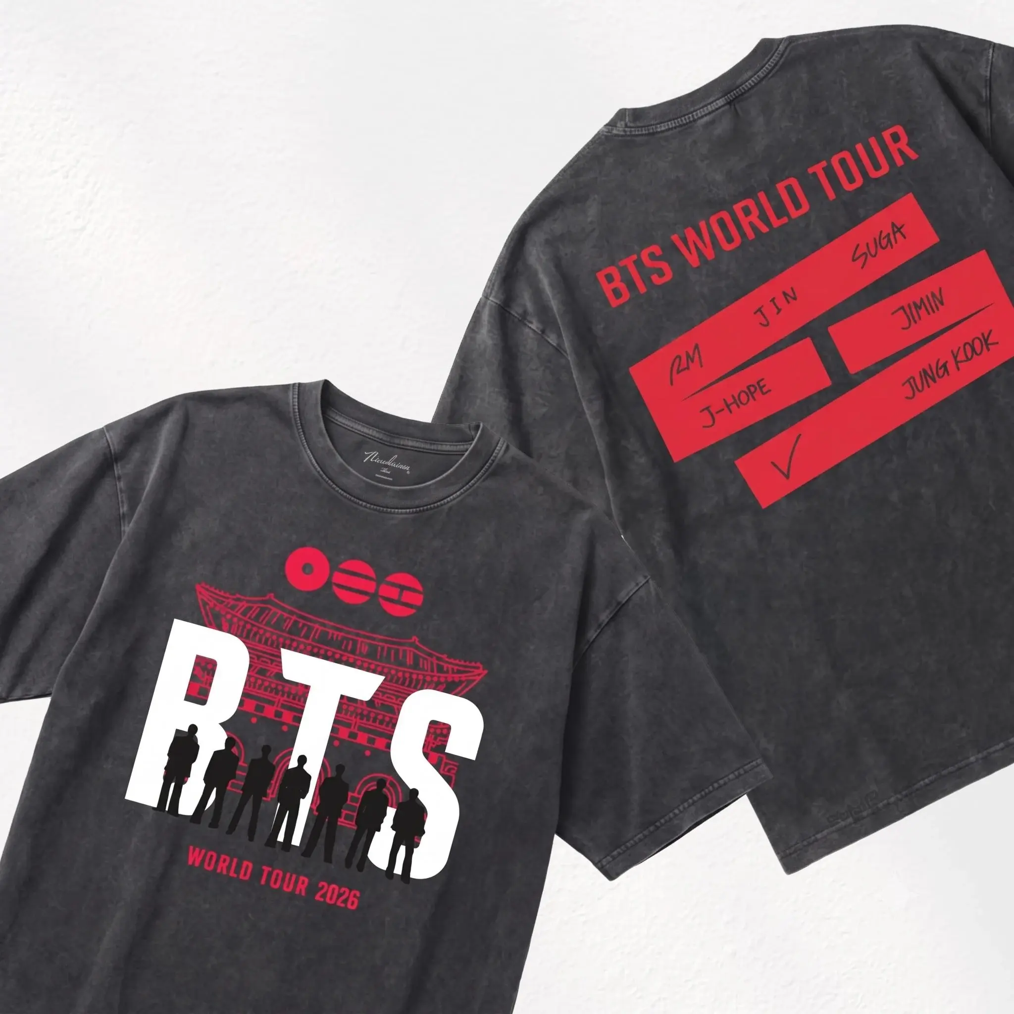 Vintage Boys Arirang World Tour 2026 Wash Shirt , Retro Black & White Aesthetic Shirts,RM Jin Suga J Hope Jimin V Jung Kook Lightweight Cotton Gildan Tee, Gift Merch For KPOP Army Fans
