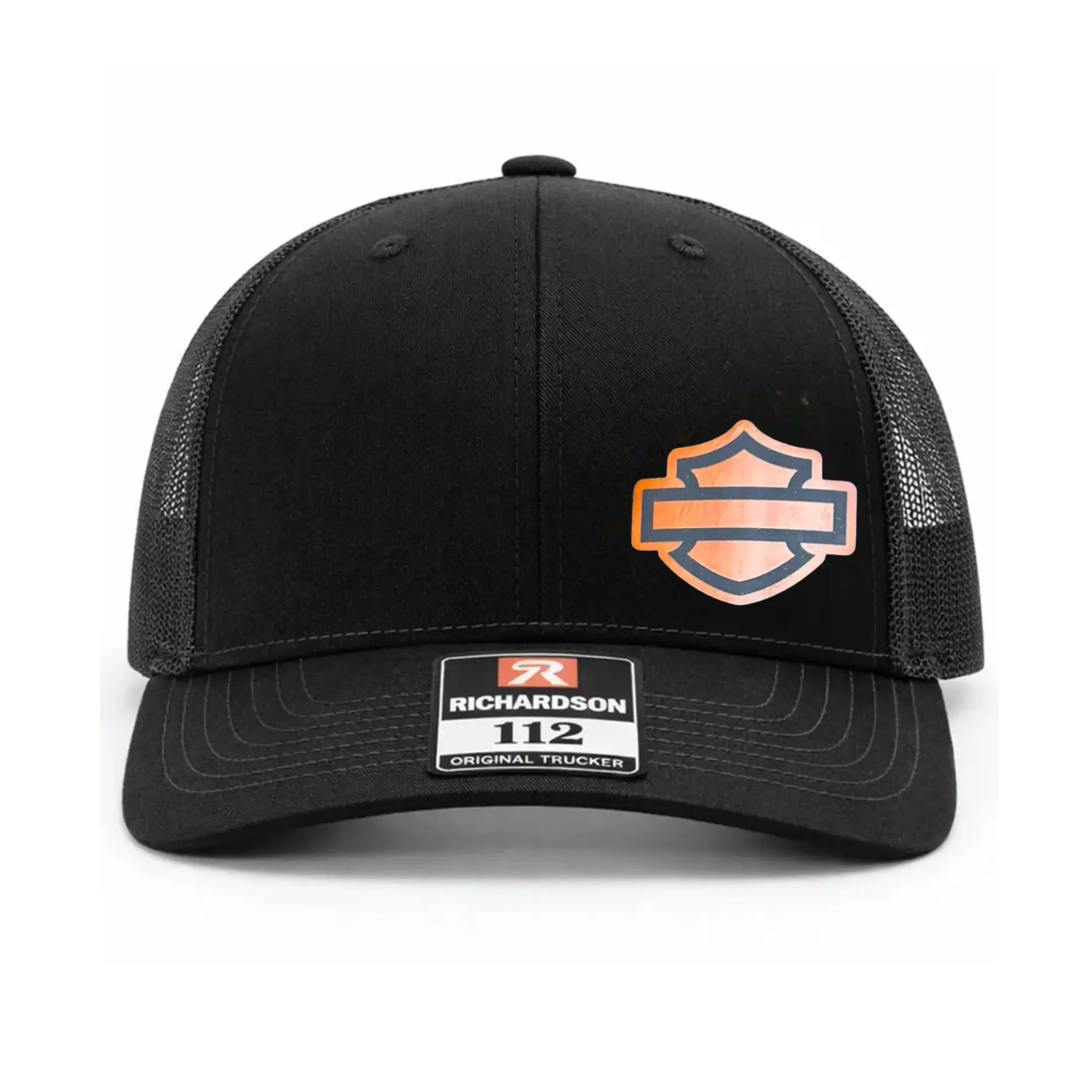 Motorcycle Leather Patch Trucker Hat - Richardson 112 Snapback Cap, Biker Mesh Back Hat for Men, Rider Lifestyle Hat, Black Leather Patch Cap, Motor Club Trucker Hat, Gift for Motorcycle Enthusiasts  Black/Charcoal
