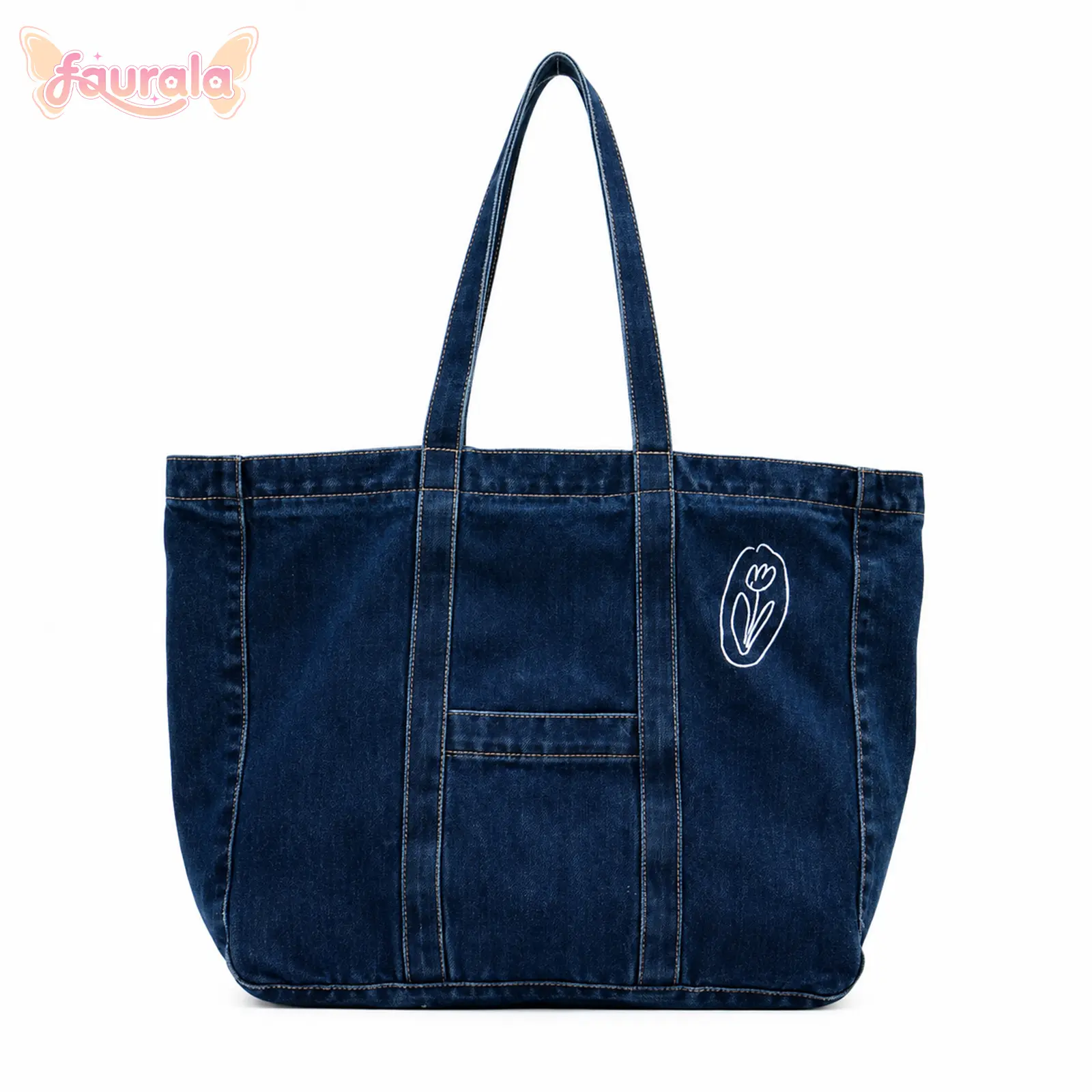 FAURALA Denim Large Shoulder Bag for Women, Oversized Lightweight Jean Tote with Relaxed Slouchy Silhouette, Casual Chic Cotton Canvas Purse features delicate flower embroidery for everyday carryall, work commuter bag, weekend shopping tote