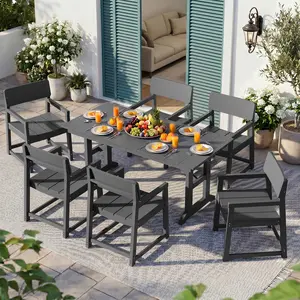 Walsunny HDPE Patio Table Set 7 Piece Outdoor Table and Chairs Patio Furniture Set with Umbrella Hole - Black Modern Plastic Dining Sets 6 Person for Outside Deck with Metal Aluminum Frame