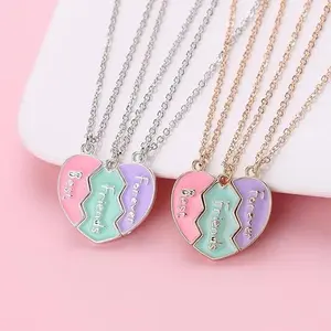 BFF Necklace for 3, Heart Broken Stitching Magnetic Best Friend Pendant for Women Friendship Jewelry Gift
