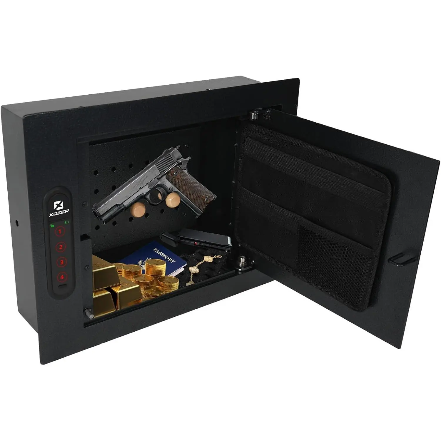 XDeer Home Security Safe - Hidden In-Wall Between Studs with Removable Pegboard, 0.405 cuft Smart Security Box with Hidden Key Lock for Handgun, Jewelry (1PCS), Smart Security Safe