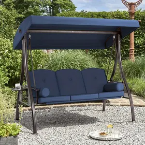 3-Seat Outdoor Swing Chair with Adjustable Backrest, Converts to Lounger Bed, Patio Swing Glider with Removable Cushion & Canopy for Deck, Garden, Backyard, Khaki/Red/Blue/Brown/Gray