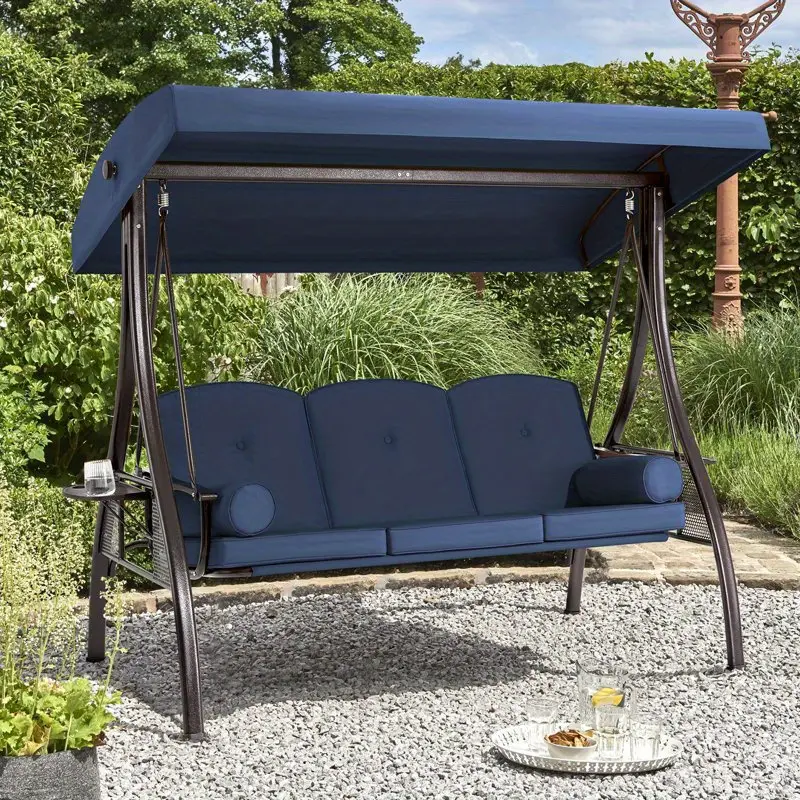 3-Seat Outdoor Swing Chair with Adjustable Backrest, Converts to Lounger Bed, Patio Swing Glider with Removable Cushion & Canopy for Deck, Garden, Backyard, Khaki/Red/Blue/Brown/Gray