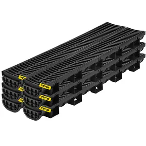 fathersdaygift VEVOR Trench Drain System, Channel Drain with Plastic Grate, 5.8x3.1-Inch HDPE Drainage Trench, Black Plastic Garage Floor Drain, 6x39 Trench Drain Grate, with 6 End Caps, for Garden, Driveway-6 Pack