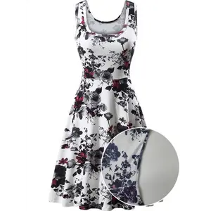 dress  summer Vibrant Floral Print Fit and Flare Sleeveless Dress - Crew Neck, Micro Elasticity, Draped, Ruffled Hem, Machine Washable Perfect Vacation for Women