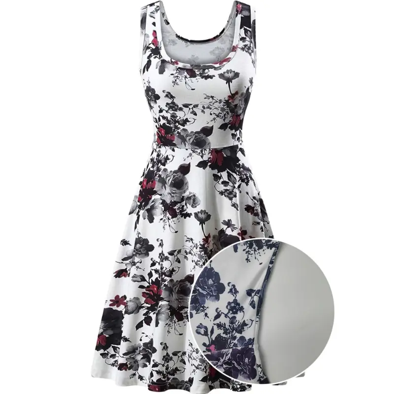 dress  summer Vibrant Floral Print Fit and Flare Sleeveless Dress - Crew Neck, Micro Elasticity, Draped, Ruffled Hem, Machine Washable Perfect Vacation for Women