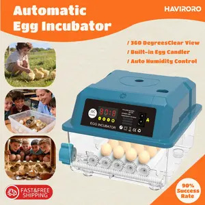 HAVIRORO Automatic egg incubator featuring an LED temperature display, humidity control, and automatic egg turning; designed with a transparent lid and suitable for chicken, quail, and bird eggs (16-egg capacity).