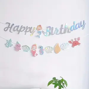 2 Pcs Set Mermaid Birthday Decorative Banner - Under the Sea Theme Bunting for Girls Party Decorations - Cute Paper Mermaid Tail Shell Ocean Backdrop for Home Room Garden Decor - Little Mermaid Birthday Party Supplies - 2 Pack