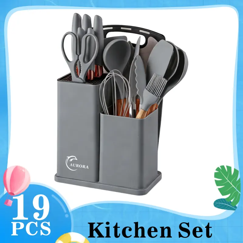 Gray 19-piece kitchen knife set paired with a silicone utensil set—professional stainless steel knives, beech wood handles, nonstick pan spatula and stir-frying spatula; essential for home cooking, an ideal gift for parents.