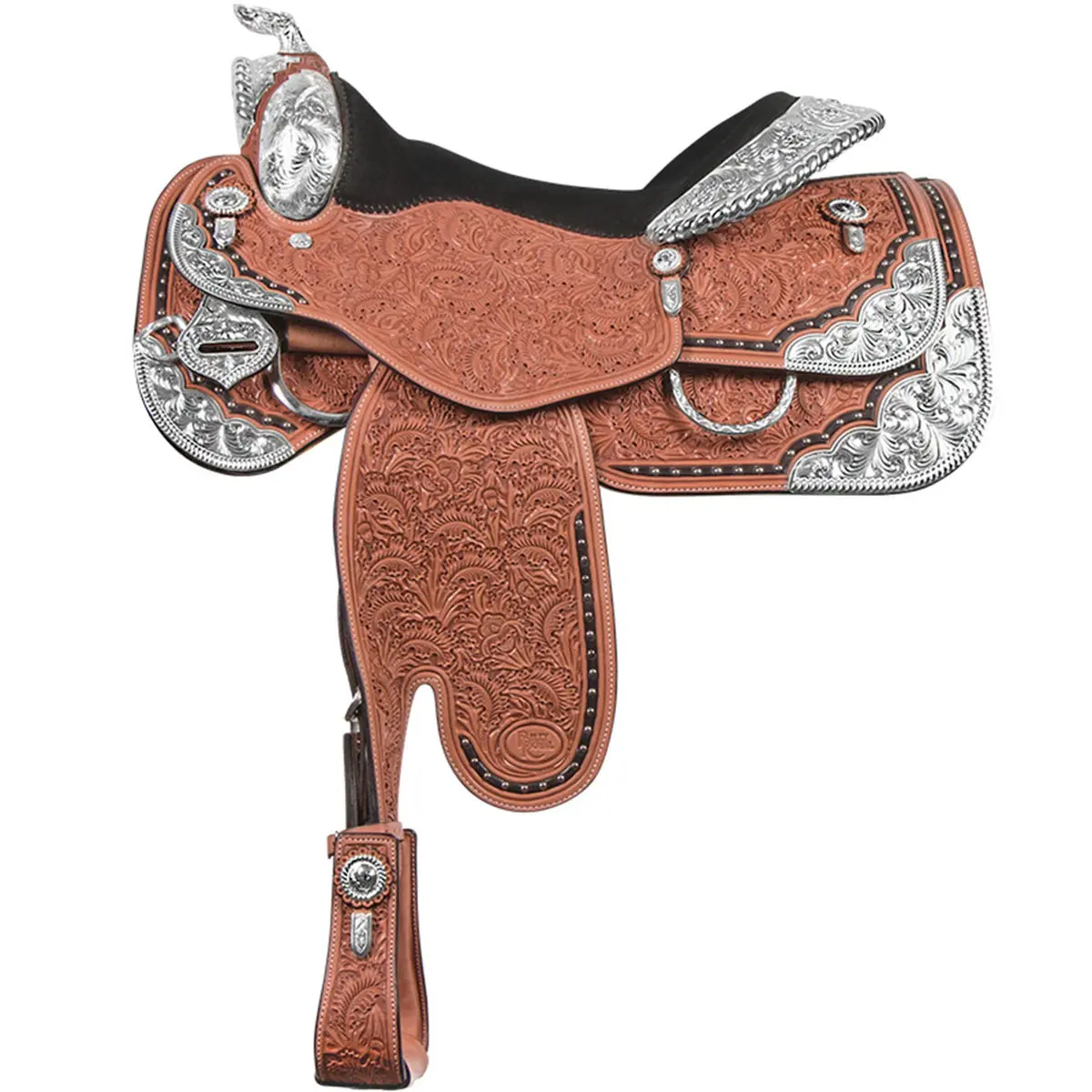 Buckeye Classic Western Show Saddle, Handmade Light Oil Leather with Entz Tooling, Full Swivel Cantle & Easy Change Fender Adjustment, Attached Stirrup Hobbles, Custom Tree