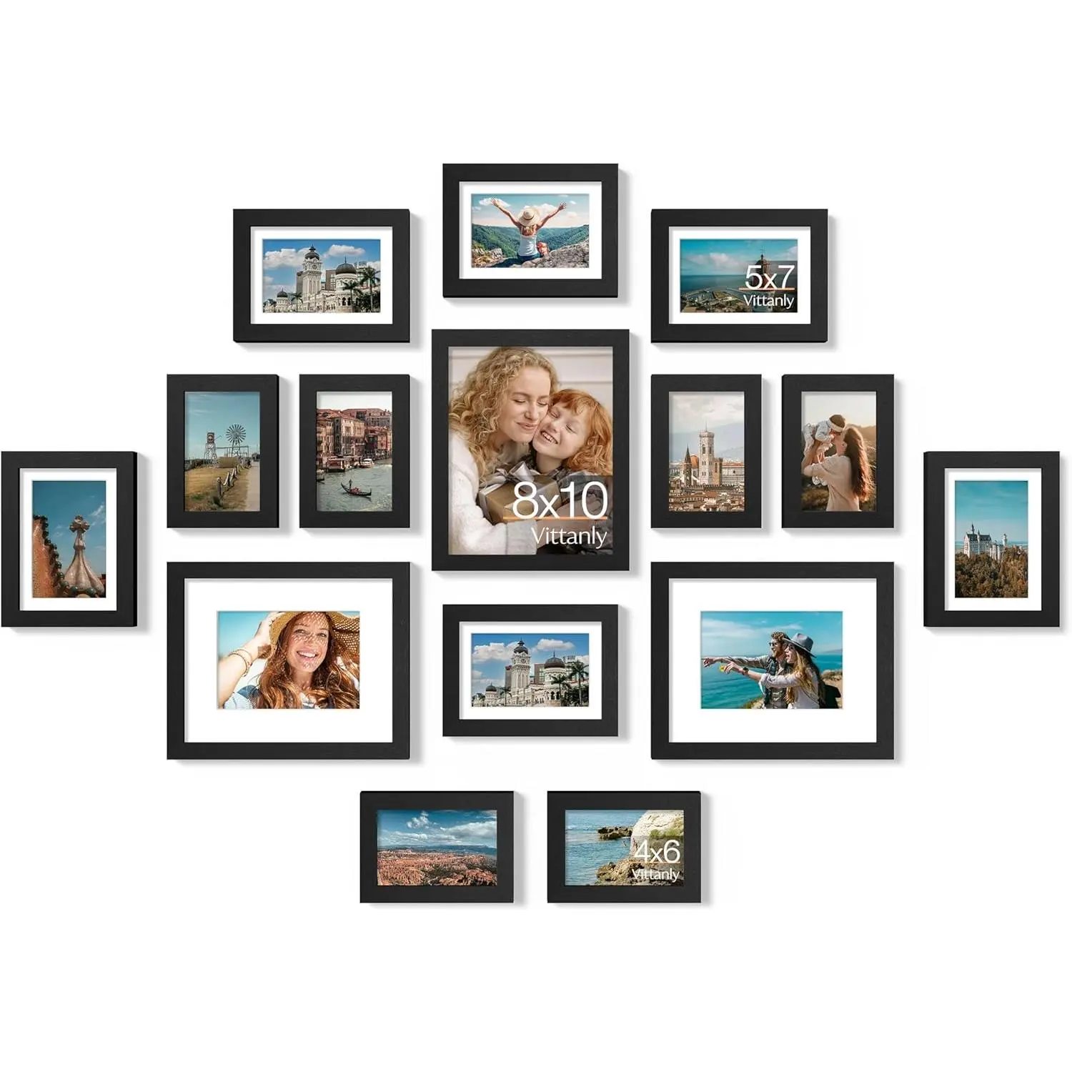 15-Pack Black Sturdy Classic MDF Wood Rectangle Photo Picture Frames Collage Set - Decorative Frame Design, Shatterproof Acrylic, Acid-Free Mat, Hanging Hook/Tabletop Display, 3x8x10, 6x5x7, 6x4x6, Home Wall Decor for Family Nostalgic Photos