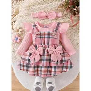 Newborn Baby 3-Piece Long-Sleeve Jumpsuit Outfit Set for Baby Girls - With Bow and Headband, Fall Winter Outdoor Wear for 0-18 Months Infants