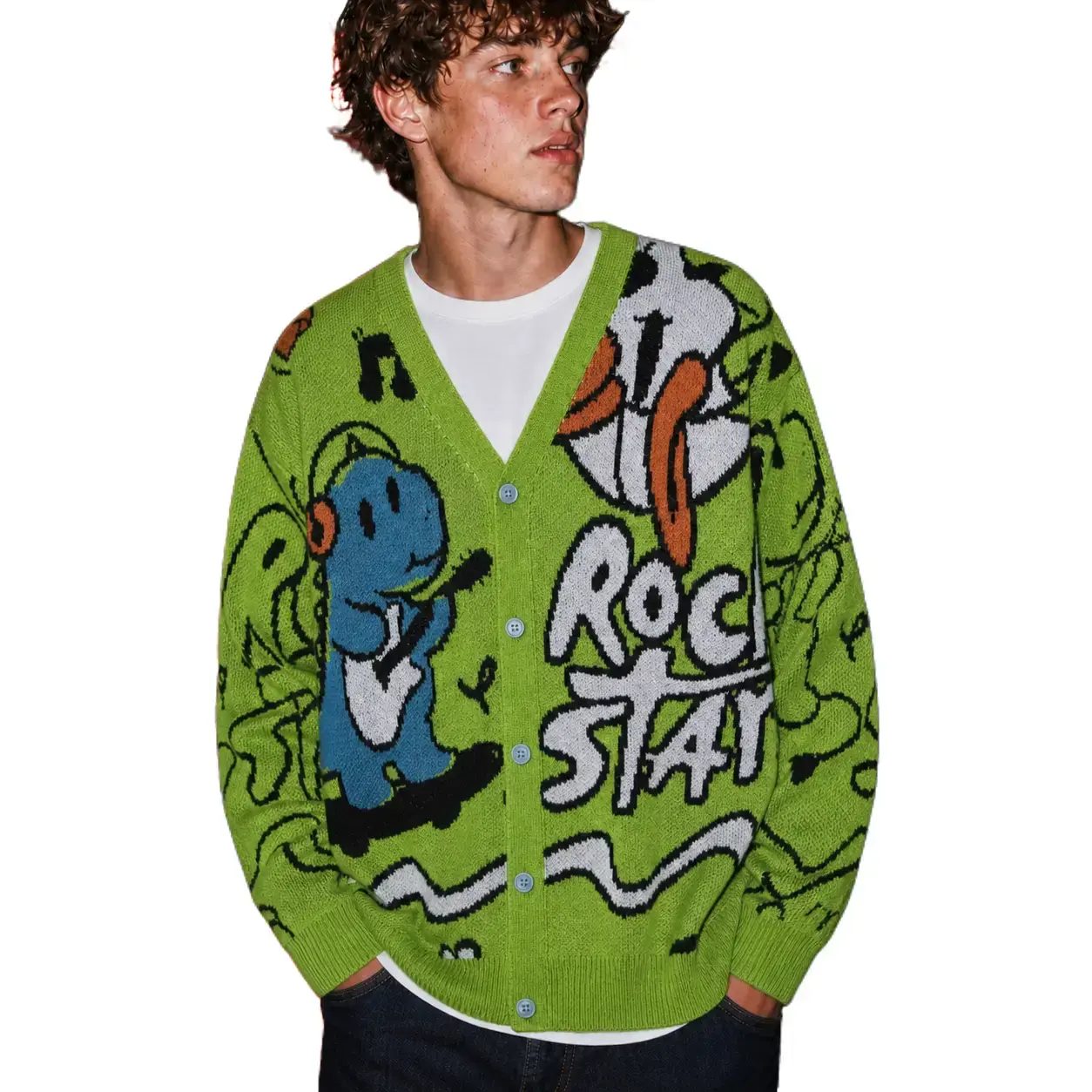Mens Y2K Graphic Cardigan Sweater Harajuku Streetwear Cute Dinosaur Skateboard Print Knit Button Down V-Neck Green Casual Oversized Pop Punk Rock Star Graffiti Jumper Fall Outerwear Indie Clothes S-XL Fashion Menswear