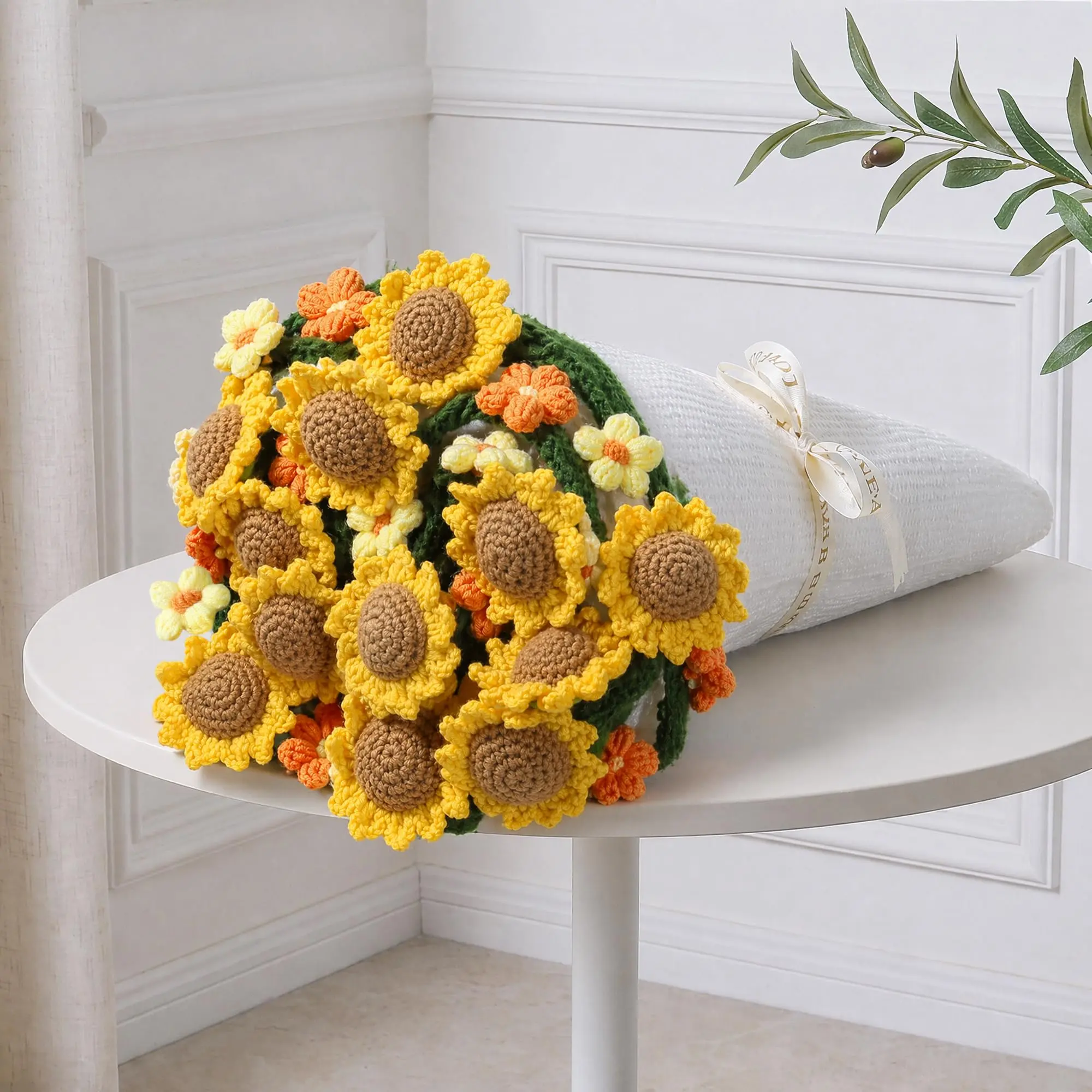 Ivydale Knitted Flower Throw Floral Bouquet Blanket, 43inch Handmade Crochet Blanket with Sunflowers, Cute Romantic Gift for Her Girlfriend Mom Mother’s Day Valentine Wedding Anniversary Birthday, Yellow