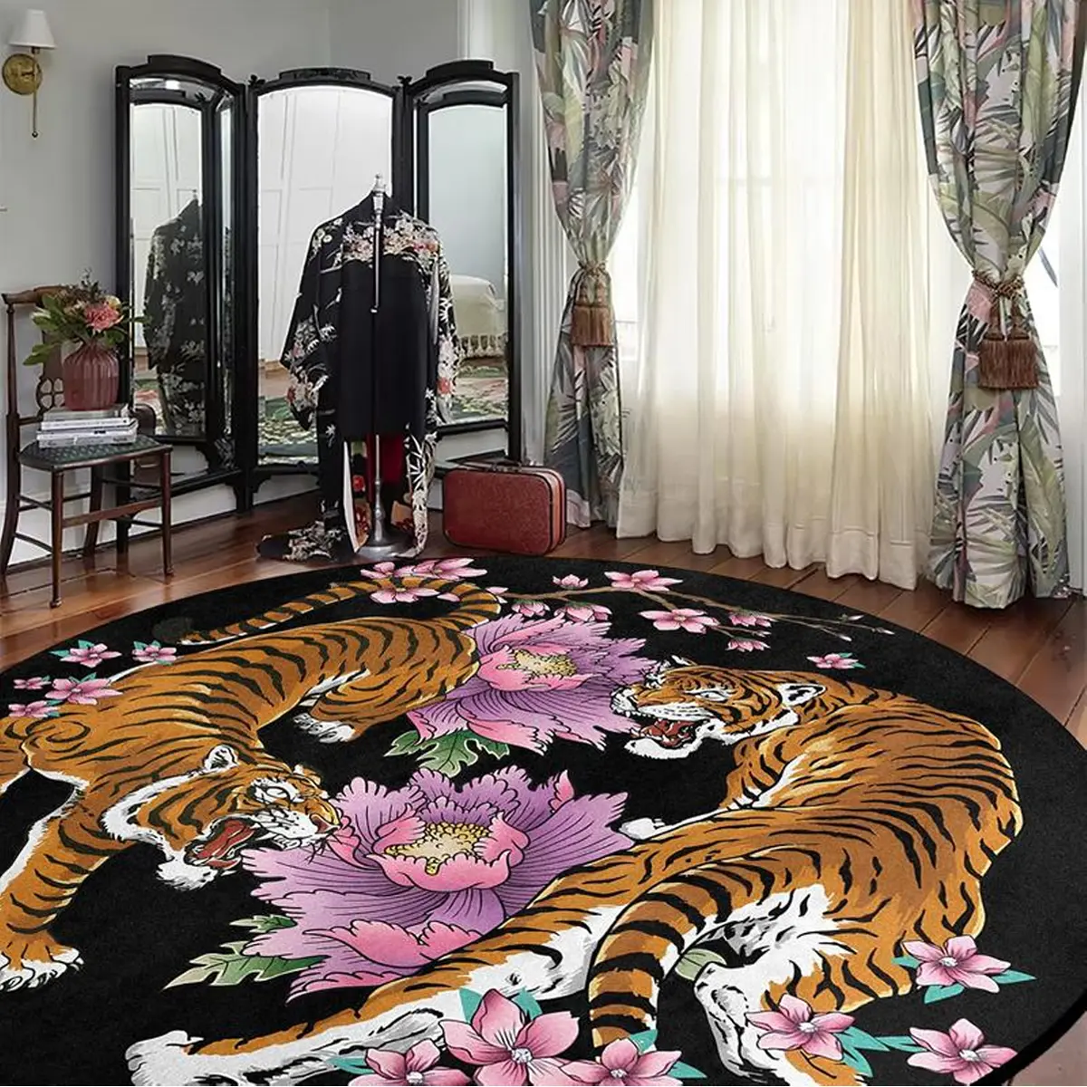 Round Carpet Mat, Cozy Floor Mat, Animal Printed Rug, Animal Themed Rugs, Decorative Area Rug, Cozy Area Rug, Indoor Area Rug, Floral Tiger Pattern, American Vintage Style, Pet-Friendly Non-Slip Soft Plush Washable Foldable for Living Room Bedroom