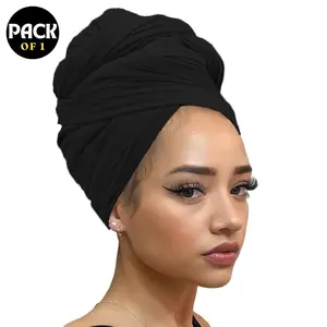 Stretch Jersey Turban Head Wraps Long Solid Color African Shawl Hair Scarfs Lightweight Breathable Head Bands Ties for Black Women(Black)