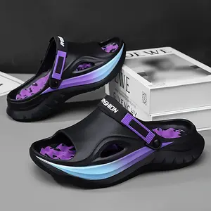 Spring New Arrival Fashion Gradient Color Men'S Couples Slippers, Lightweight EVA Material, Breathable Soft Sole, Casual Versatile Indoor/Outdoor Slide Sandals, Black with Purple Accents, Comfortable Walking Shoes |   Stylish Footwear |   EVA Sandals