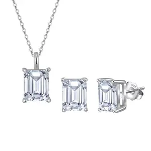 1 Set 925 Sterling Silver Top Grade Emerald Cut Cubic Zirconia Pendant Necklace And Earrings Engagement Wedding Bridal Jewelry Sets For Women