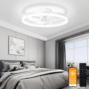 Low Profile Ceiling Fan with Lights and Remote, 15.7in Bladeless Ceiling Fans with light Flush Mount, 3000K-6500K Dimmable Modern LED Fan Light, White Fandelier Ceiling Fans for Bedroom