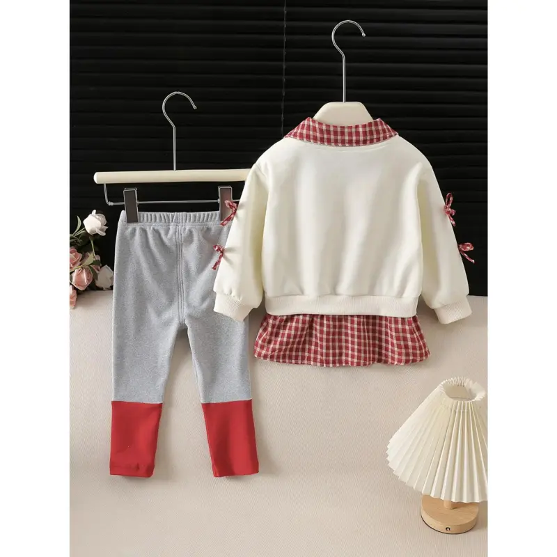 Girls' 2-Piece Embroidered Bow Plaid Sweatshirt & Versatile Leggings Set