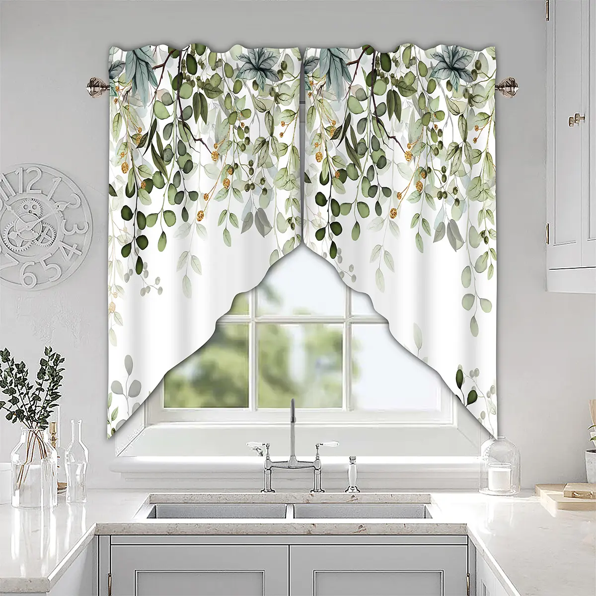 Sage Green Watercolor Eucalyptus All-Over Print Window Swag Valance - 28x36in Home Decoration Curtain, Window Hanging for Kitchen Curtains, Bedroom, 28X36 In