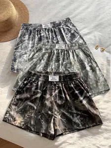3 Pcs Vintage Street Withered Branch Camo Print Loose Fit Sporty Side Pocket Shorts, Summer Casual Style, Moderate Fabric Thickness, Comfortable Wear, Casual Relaxed Shorts
