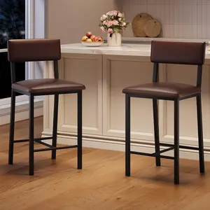 Garvee Bar Stools Set of 2, PU Leather Counter Height Bar Stools with Backrest and Footrest,Tall Bar Stool with Thick Cushion, for Dining Room, Apartment Counter Bar, Island, Dark Brown