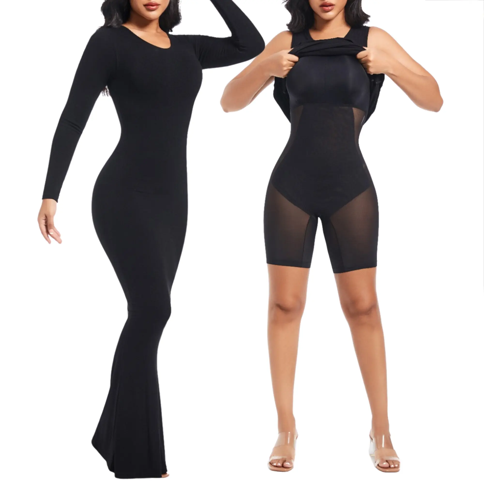 Soo Slick Women's Shapewear Long Sleeve Maxi Dress - Crew Neck, Breathable Fabric, Elegant, Chic Fit, Comfortable Basic for Cocktail Casual Summer Wear Black, Longsleeves, Elegance