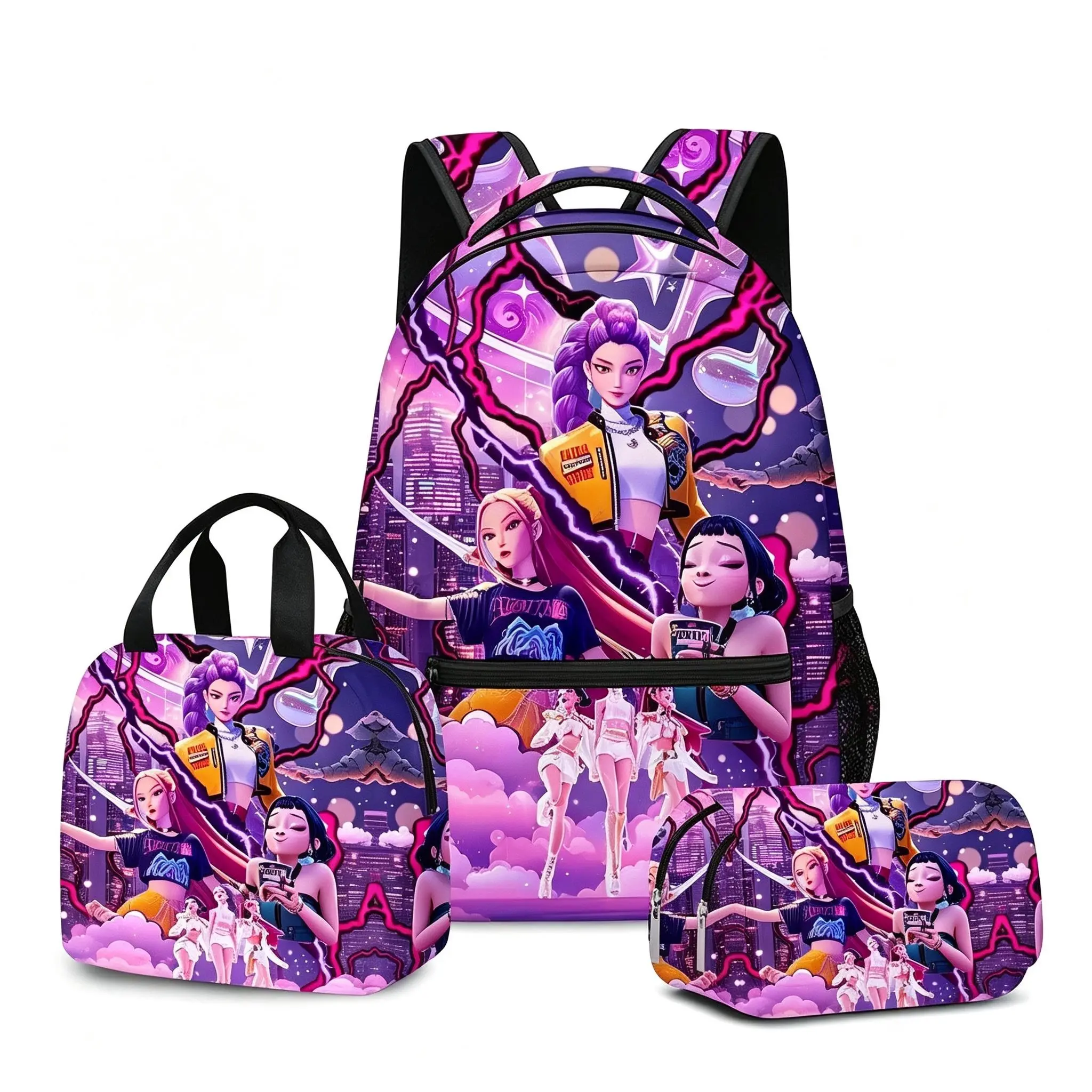 Huntrix Demon Hunters Cartoon SchoolBackpack 3 In 1 Set, Purple Starry PrintKids Backpack Breathable PaddedShoulder Straps, Large Capacity WaterRepellent Student Bag with Lunch BoxPencil Pouch