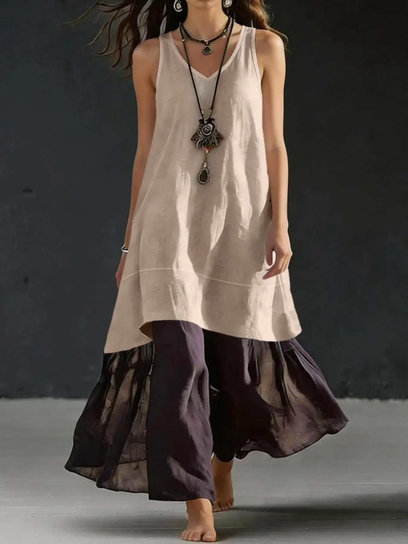 Women's Bohemian Cotton Linen Long Dress, Sleeveless V-Neck Loose Patchwork Maxi Dress, Summer Casual Beach Vacation Flowy Dress, Womenswear, Beachwear