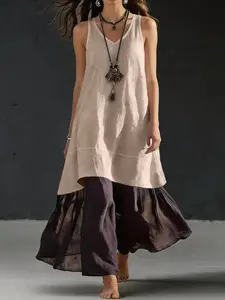 Women's Bohemian Cotton Linen Long Dress, Sleeveless V-Neck Loose Patchwork Maxi Dress, Summer Casual Beach Vacation Flowy Dress, Womenswear, Beachwear