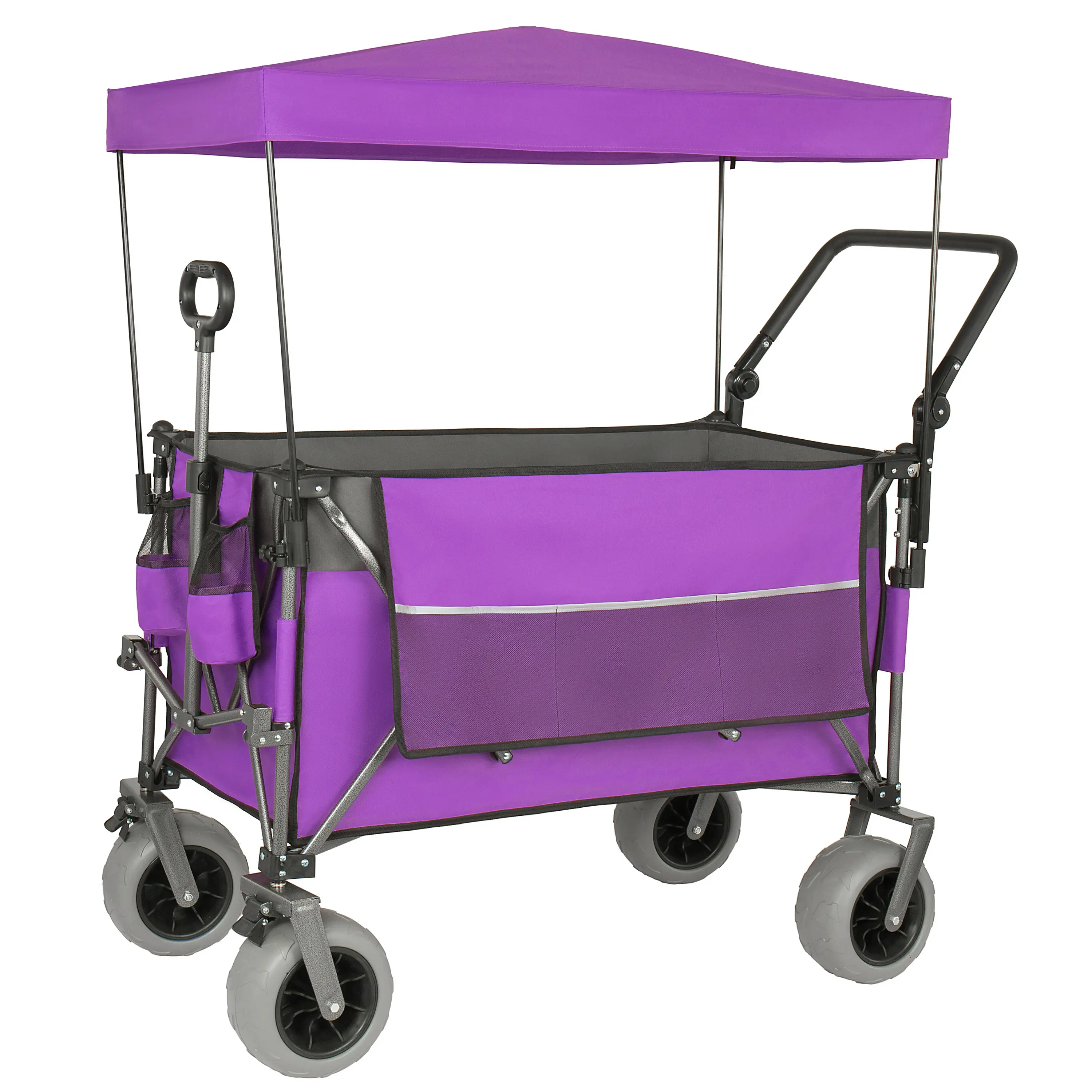 Multi-Functional Push-Pull Folding Wagon Cart with Rotating Handle & Canopy, 9"x4" Beach Tires for Camping & Beach, Load Capacity 480lbs, 300L Large Capacity for Transport, Groceries, Outdoor Use