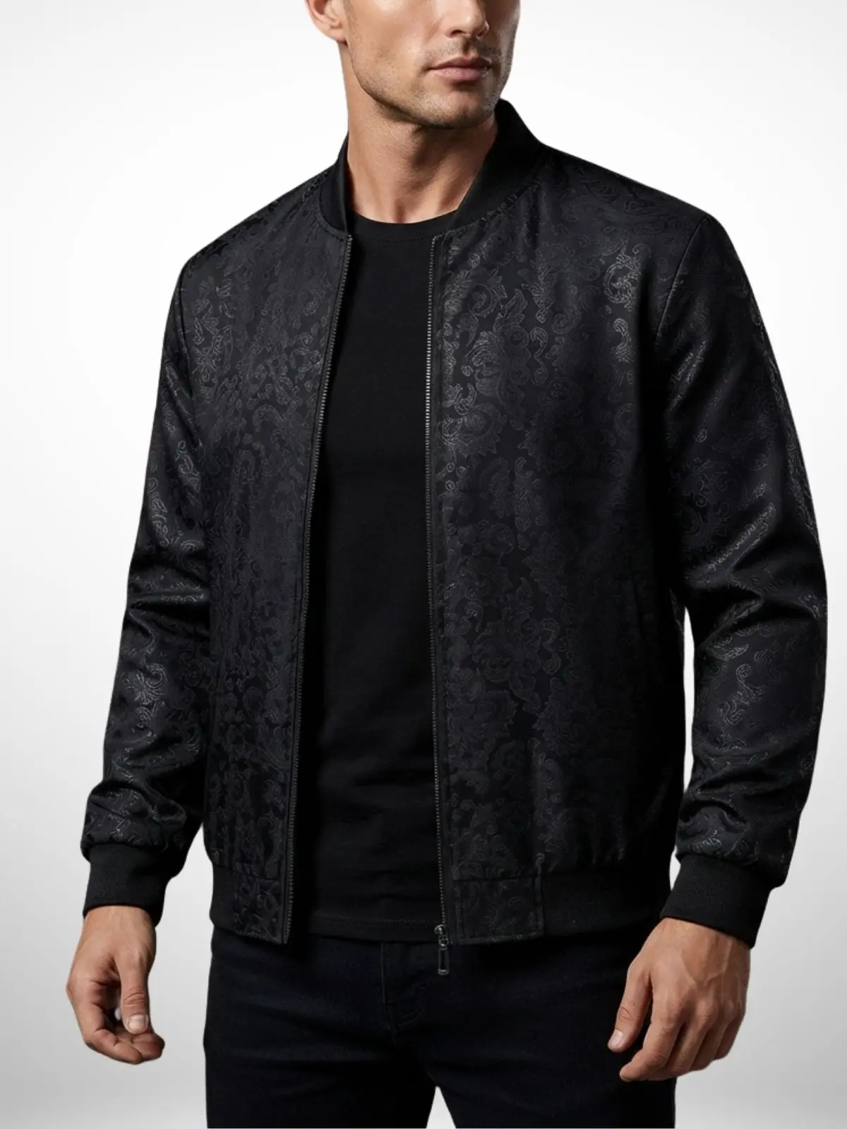 Men’s Stylish Vintage Polyester Paisley Jacquard Baseball Jacket - Menswear Tops Coats, Dark Floral Print, Zip Closure, Ribbed Hem, Lightweight Basic Casual Outerwear