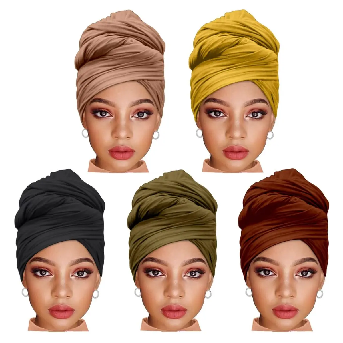 5PCS Stretch Jersey Hijab Set for Women – Extra Long Soft Head Wraps, Solid Color Turban Scarves (Black, Camel, Coffee, Army Green, Turmeric)